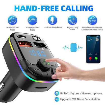 Bluetooth 5.0 Car FM Transmitter PD Type-C Dual USB Ambient Player Car MP3 Charger Type-C Wireless Light 18W Handsfree PD QC3.0