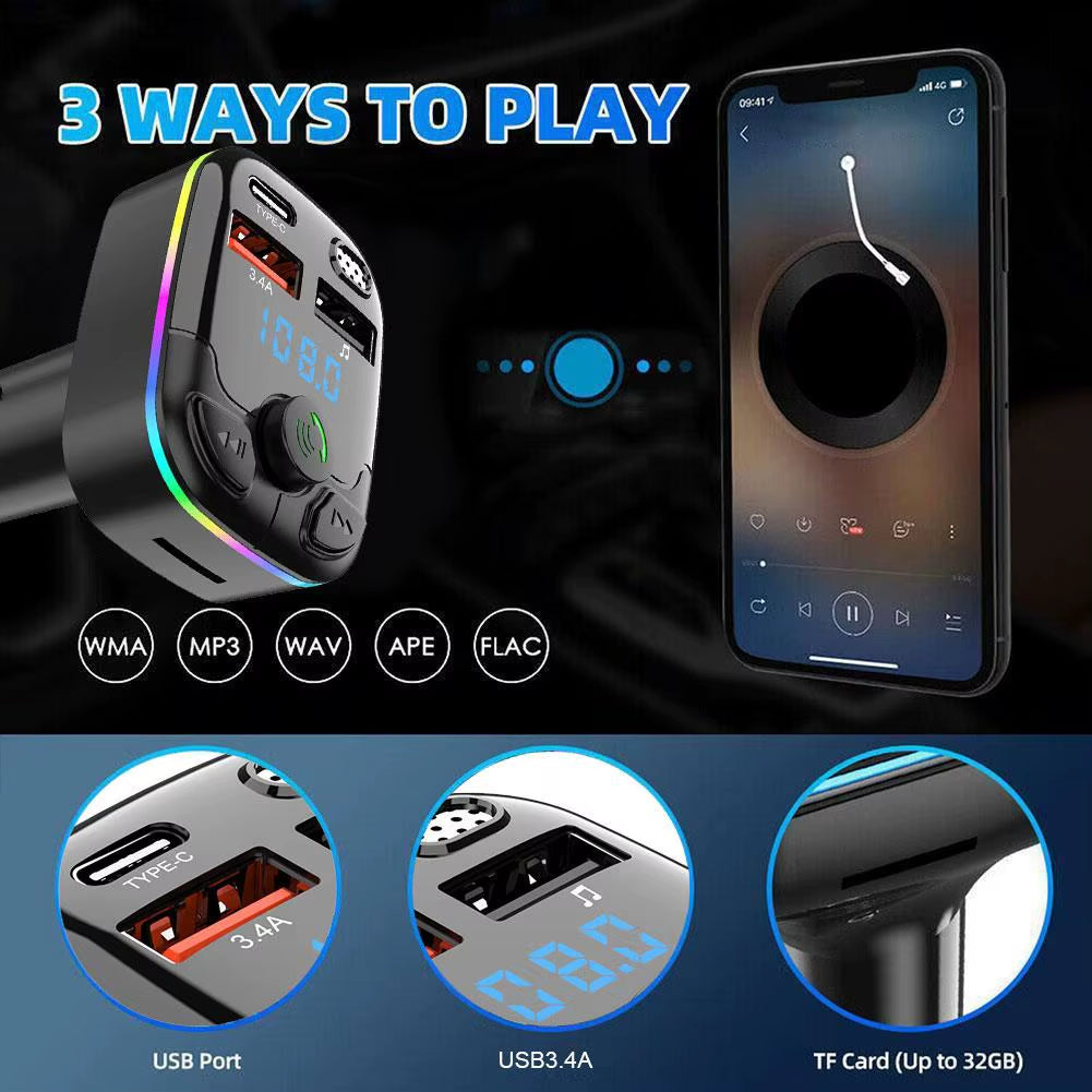 Bluetooth 5.0 Car FM Transmitter PD Type-C Dual USB Ambient Player Car MP3 Charger Type-C Wireless Light 18W Handsfree PD QC3.0