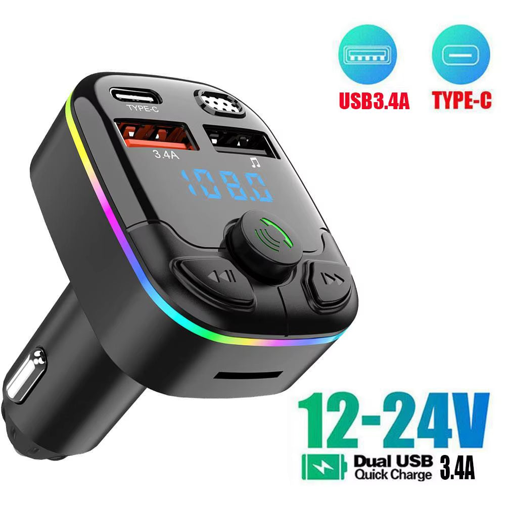 Bluetooth 5.0 Car FM Transmitter PD Type-C Dual USB Ambient Player Car MP3 Charger Type-C Wireless Light 18W Handsfree PD QC3.0